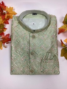 Mens Green Embroidered Silk Kurta Stand Collar <b>Long</b> Sleeve Ethnic Wedding Wear Size 40 India Pakistan Style Autumn - Product Image 1