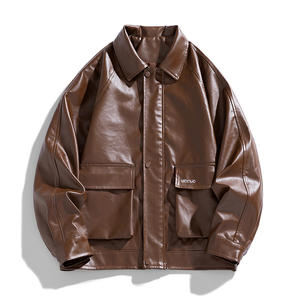 Chaquetas de Hombre de Alta Gama para Otoño e Invierno, Cuello Mao, Color Sólido, Cierre de Botón, Bolsillos, Estilo Casual, Holgadas, Manga Larga, de Cuero Genuino - Product Image 1