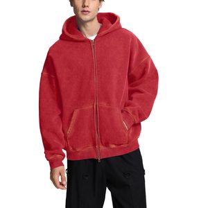 Sweat-shirt à capuche zippé surdimensionné pour homme en polaire rouge, couleur unie, tricoté, coupe classique, pour l'automne – Collection Homme : Sweats à capuche et sweats - Product Image 1