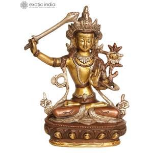 Sculpture en laiton de Manjushri de divinité bouddhiste tibétaine faite à la main de 8 pouces pour des cadeaux fabriqués en Inde - Product Image 2