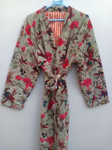 Bata Kimono de Terciopelo con Estampado Floral de Aves |   Bata de Baño de Lujo de Manga Larga |   Ropa Casual para Mujer - Product Image 1