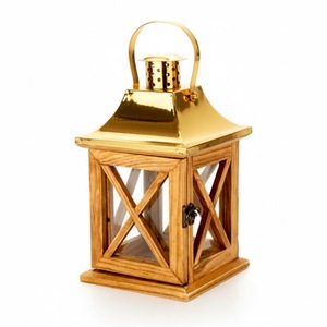 Lanterne en bois naturel de qualité supérieure avec couvercle en métal doré, porte-bougie, idéale pour l'éclairage et la décoration d'événements - Product Image 1