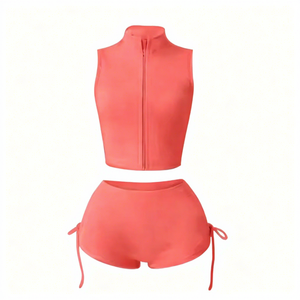 2026 Solid Casual Women's Yoga Set Custom Logo Zipper Jacket with Skinny Fit Summer Lace-Up <b>Shorts</b> Sports Gym Fitness - Product Image 4