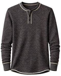<b>Mens</b> Black Geometric Printed <b>Henley</b> Pullover Sweatshirt Long Sleeve French Terry Regular Fit Casual <b>Top</b> For <b>Men</b> Winter Wear New - Product Image 1