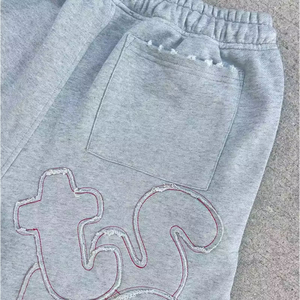 Custom French Terry Y2K Grunge Raw Edge Applique Letter Eye Cutout <b>Red</b> Heart Patch <b>Mens</b> Sweat <b>Shorts</b> Clothing Manufacturer - Product Image 2