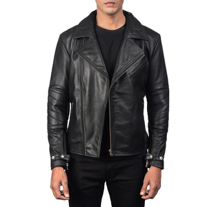 Chaqueta de Cuero Genuino Negra para Hombre, Chaqueta de Cuero Clásica a la Moda, Chaqueta de Cuero Casual de Corte Ajustado, Fabricante Personalizado - Product Image 3