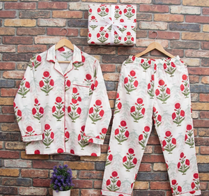 Ensemble de pyjama léger en coton fait main pour femme, imprimé floral, séchage rapide, pour l'été, imprimé à la main au bloc, tenue de nuit - Product Image 5