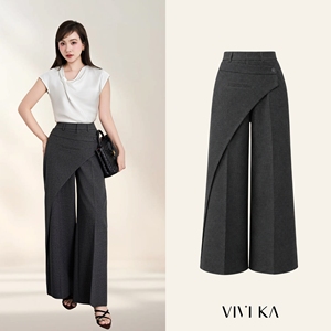Pantalon décontracté taille haute gris à jambe droite avec fermeture éclair et bouton, teint uni, pour femme, automne, bureau, devant asymétrique LINDA - Product Image 1