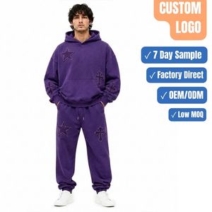Men 2 Piece Sports Team Tracksuit Set Oversized Hoodie Jogger Star Cross Patch Fleece Uniform Custom OEM Wholesale Manufacturer - Product Image 1