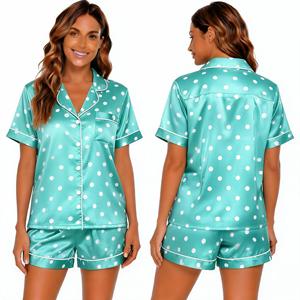 Ensemble de pyjama en satin à pois menthe pour femmes, manches courtes, col rabattu, fermeture à boutons, vêtements de nuit d'été - Product Image 1