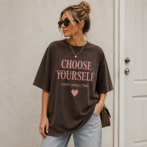 T-shirt oversize à col rond pour femme, imprimé « Choisissez-vous-même », coupe ample, en jersey de coton, manches courtes, haut décontracté - Product Image 1