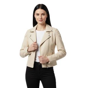 Veste de motard en cuir crème très demandée pour femmes, service OEM personnalisé, vente en gros en vrac, directement de l'usine, style moto, cuir véritable - Product Image 1