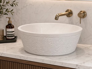 Natural <b>Round</b> Chiseled Marble Sink Handmade Stone Vessel <b>Basin</b> for Luxury Bathroom Hotel Vanity Wholesale Supplier - Product Image 3