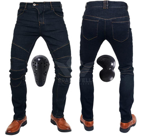 Jean en denim indigo foncé pour homme, coupe slim, taille mi-haute, extensible, avec empiècements côtelés, style motard, décontracté, en coton, pour le quotidien - Product Image 6