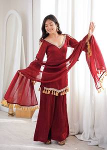 Burgundy Ethnic <b>Shawl</b> Tassel Border Sheer Scarf Dupatta for <b>Wedding</b> Festival Apparel - Product Image 2