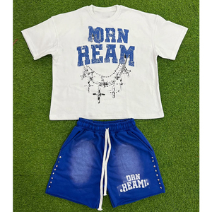 Summer Short Sleeve Mens T-shirt Shorts Set Streetwear 350gsm <b>Acid</b> Wash <b>Drop</b> Shoulder Oversized T Shirt and Short Set for Men - Product Image 2