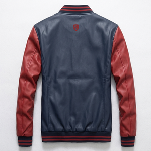 Veste de baseball Varsity pour homme, bleu marine et rouge, en cuir PU, doublée de polaire, avec col côtelé et poches zippées - Product Image 6