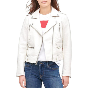 White genuine Leather Moto Jacket Women Stand Collar Full Sleeve <b>Zipper</b> Closure Solid Color Autumn Wear Custom logo leather - Product Image 6