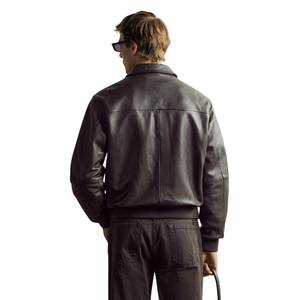Men's Dark Brown Genuine Leather Oversized Blouson Jacket Shirt Collar <b>Zip</b> Front Relaxed Premium OEM Casual Streetwear Outerwear - Product Image 2