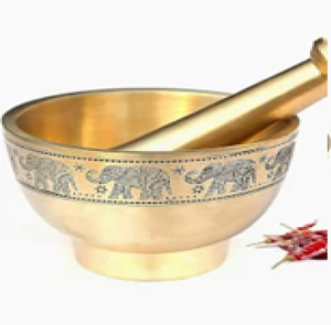 Traditional heavy brass spice <b>grinder</b> set with rimmed bowl and sturdy handle, available at wholesale prices. - Product Image 2