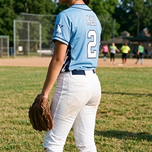 Camiseta de Softbol Personalizada Azul Cielo para Niñas, Panel Lateral con Diseño de Rayo, Nombre y Número Bordados Sublimados, Cierre Completo con Botones, para Fastpitch Femenino - Product Image 6