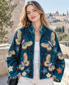 <b>Women's</b> Teal <b>Velvet</b> Bomber <b>Jacket</b> Stand Collar Zipper Butterfly Embroidered Autumn Coat Butterfly Embroidered <b>Women</b> <b>Jacket</b> - Product Image 1