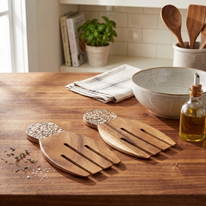 Utensilios para Servir Ensaladas de Madera Suar de Grado Alimenticio, Forma de Mano con Incrustaciones de Canela Blanca, Color Marrón Claro, Hermosos Utensilios de Cocina, Vajilla - Product Image 4