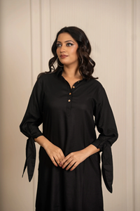 Robe chemise en rayonne noire pour femmes |   Chemise boutonnée à manches longues, longueur genou, décontractée, pour le bureau, confortable, usage quotidien, été - Product Image 2