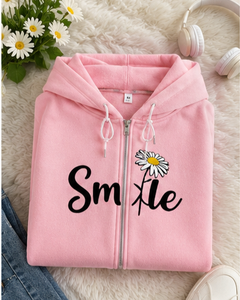 เสื้อฮู้ดซิปสีชมพูสำหรับผู้หญิง ทรงโอเวอร์ไซส์ ลายยิ้มด้านหน้า สไตล์ลำลอง ผ้าฟลีซ ยูนิเซ็กส์ สำหรับฤดูหนาว รับผลิตแบบ OEM น้ำหนัก 370 กรัม ผ้าฝ้าย 100% - Product Image 6