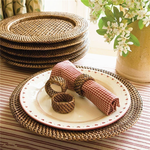 Assiettes de présentation en lin texturé 13 pouces pour mariage, fête disco, rangement domestique, aspect rustique, vente en gros, beige, bambou, table à dîner - Product Image 5