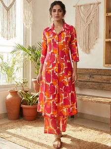 Orange Digital Printed Rayon <b>Kurta</b> Palazzo Set <b>Women</b> Loose Fit Ankle Length Casual Wear India Pakistan Style Summer - Product Image 4