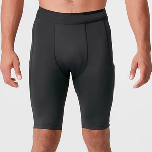 Shorts de compression unisexe en nylon et élasthanne avec poche discrète, logo personnalisé, coupe ajustée, séchage rapide, respirant, longueur genou, couleur unie - Product Image 1
