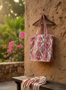Women Boho <b>White</b> Quilted Cotton Tote <b>Bag</b> with Pink Floral <b>Hand</b> Print Bohemian Style Summer Casual Open Shopping <b>Bag</b> - Product Image 3
