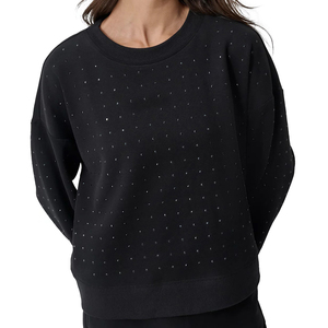 Hot Sale Women's Winter Casual Oversize Sweatshirts Black Solid Color Rhinestones Washed Crew Neck Customized Cotton/Polyester - Product Image 1