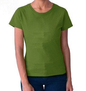 T-shirt décontracté pour femme, vert olive, col rond, manches courtes, coupe classique, en jersey de soie rayé, avec logo personnalisé imprimé en sérigraphie - Product Image 1