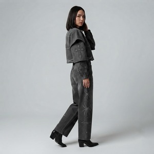 Custom <b>Rhinestone</b> Cross Black Denim <b>Jacket</b> and Pants Set Streetwear Fashion Apparel Collection Design For Unisex Comfort Wear - Product Image 5
