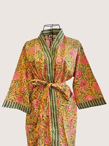 Bata Larga Estampada Floral para Mujer, Manga Tres Cuartos, Cuello en V, 100% Algodón Suave, Estilo Casual de Primavera, Cierre con Cordón - Product Image 4