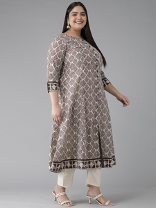 <b>Women's</b> Plus Size Brown Cotton Geometrical Printed Anarkali Kurti With Round Neck And Elegant Sleeves Comfortable Wear - Product Image 3