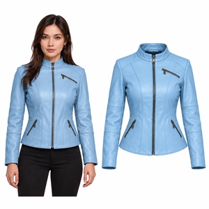 <b>Women's</b> Slim Fit <b>Leather</b> Biker Racer <b>Jacket</b> Breathable Stand Collar Zip Front Tailored <b>Moto</b> Outerwear Fashion Casual Streetwear - Product Image 1