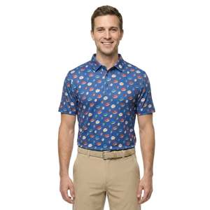 Chemise de golf pour homme à manches courtes en polyester/coton, imprimé à pois bleus, décontractée, respirante, coupe classique, logo sur le devant - Product Image 1