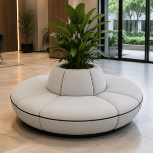 Luxury Round Island Seating <b>Sofa</b> with Integrated Plant Holder Soft Premium Fabric Upholstery and Durable American Oak <b>Wood</b> <b>Frame</b> - Product Image 1