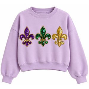 Elegante Sudadera Corta Transpirable para Mujer con Lentejuelas Lavanda, Cuello Redondo con Letras de Mardi Gras y Mangas Abullonadas - Product Image 2