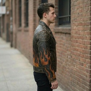 Veste de motard en cuir véritable vieilli pour homme avec motif flamme - Product Image 4
