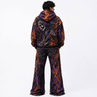 Ensemble de survêtement d'hiver respirant et délavé à imprimé flamme et crâne gothique, avec sweat-shirt à capuche zippé et pantalon de survêtement long, pour homme, style streetwear