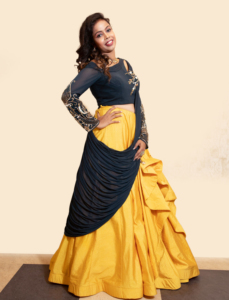 Elegant Women's 2 Piece Set Yellow/bLUE Lehenga Choli With Embroidered <b>Top</b> Full Sleeve Slash Neck Spring Summer - Product Image 4