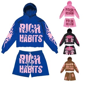 Conjuntos para Hombre, Logotipo Personalizado, Felpa de Algodón, Conjuntos Cortos de 2 Piezas para Hombre, Sudadera con Capucha de Alta Calidad y Pantalones Cortos a Rayas - Product Image 3