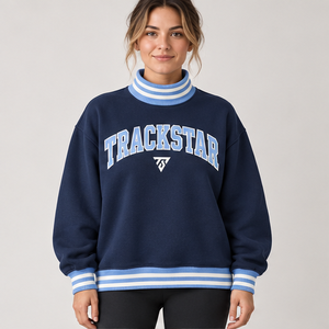 <b>Women's</b> <b>Navy</b> Mock Neck Sweatshirt with White Striped Trim Varsity Letters Long Sleeve Custom Logo - Product Image 4