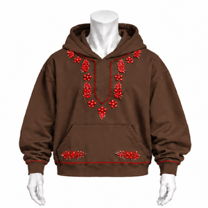 Chocolate Brown Indus Embroidered <b>Hoodie</b> Floral Stitch Design Kangaroo Pocket Relaxed Fit Casual Streetwear Winter Pullover - Product Image 1