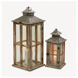 Farmhouse Wooden Decorative <b>Lantern</b> <b>Set</b> of 2 Rustic Distressed Brown Burnt Wood Floor Candle <b>Lanterns</b> with Metal Top For Indoor - Product Image 1