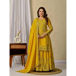 Ensembles modestes de créateur, tenue de soirée, haut avec sharara plazzo et dupatta, élégant et stylé - Product Image 6